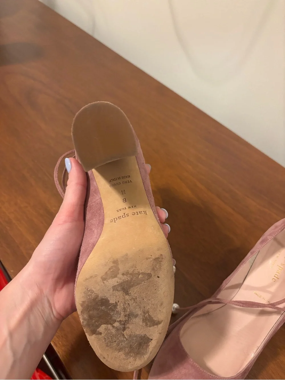 kate spade Pink Suede Lace-Up Heels with Pearl Tips
